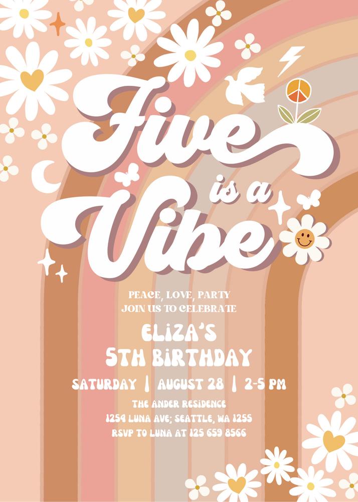 Five is a Vibe Retro 5th Birthday Invite | Boho Daisy & Rainbow Canva Template