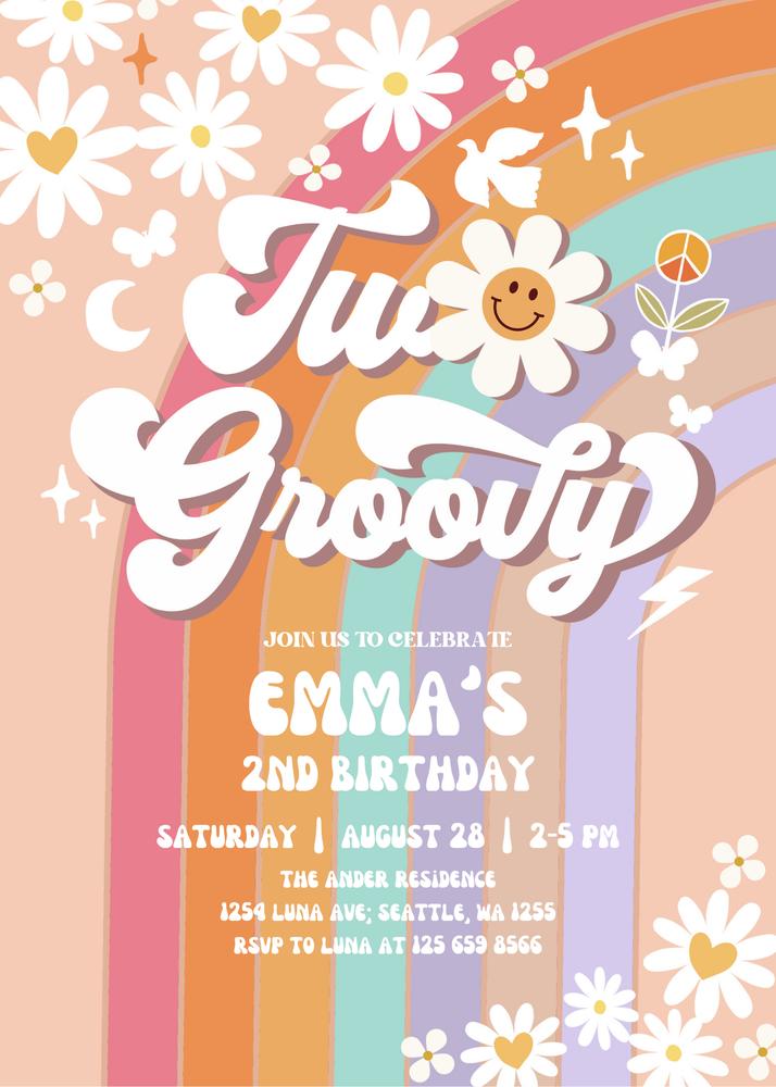 Groovy Two Birthday Invite | Retro Daisy Rainbow 2nd Birthday Canva Template