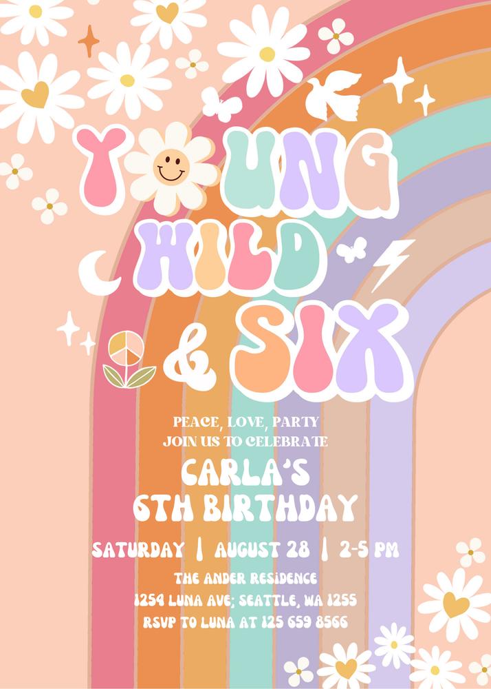 Young Wild & Six Groovy 6th Birthday Invitation | Retro Daisy Canva Template