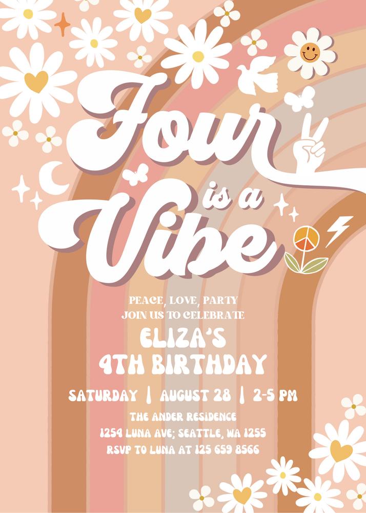 Editable 4th Birthday Invitation | Groovy Daisy Rainbow | Four is a Vibe Canva