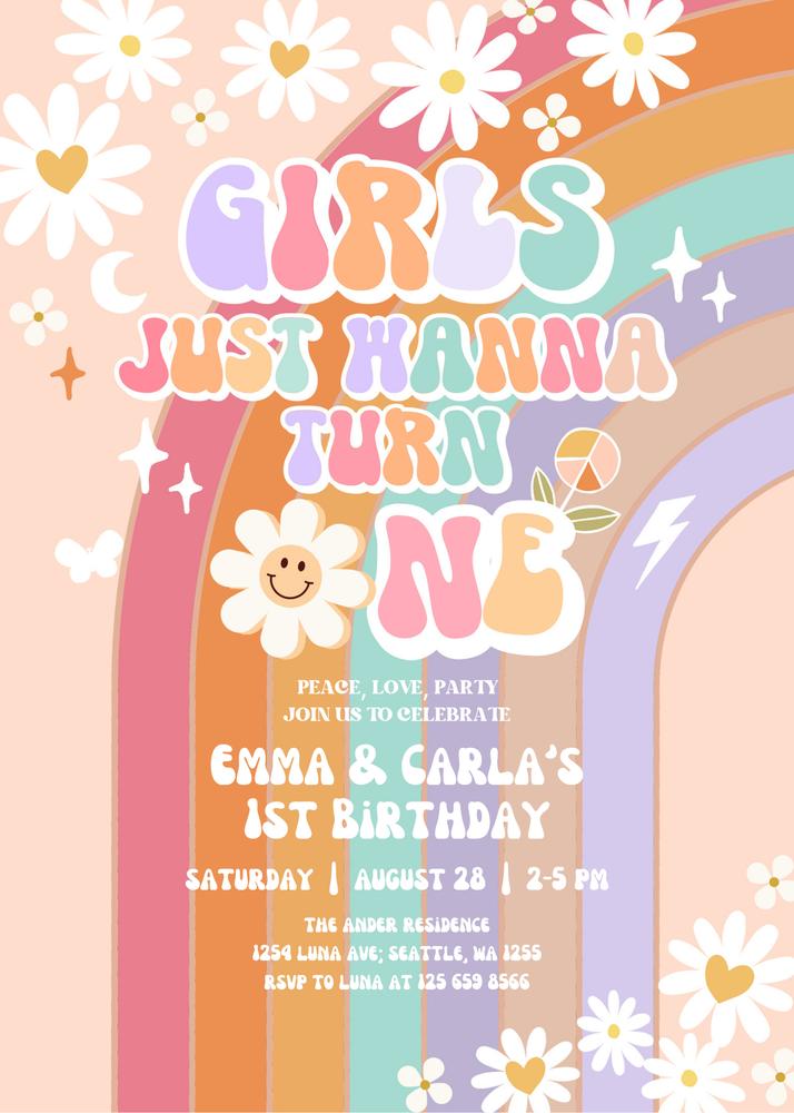 Retro Daisy Groovy 1st Birthday Invitation | Girls Just Wanna Turn One Twin Invite