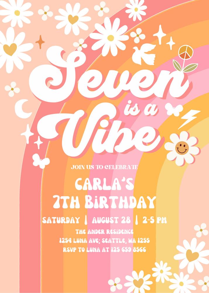 Seven is a Vibe Birthday Invite | Groovy Daisy Pink Peach Editable Canva Template