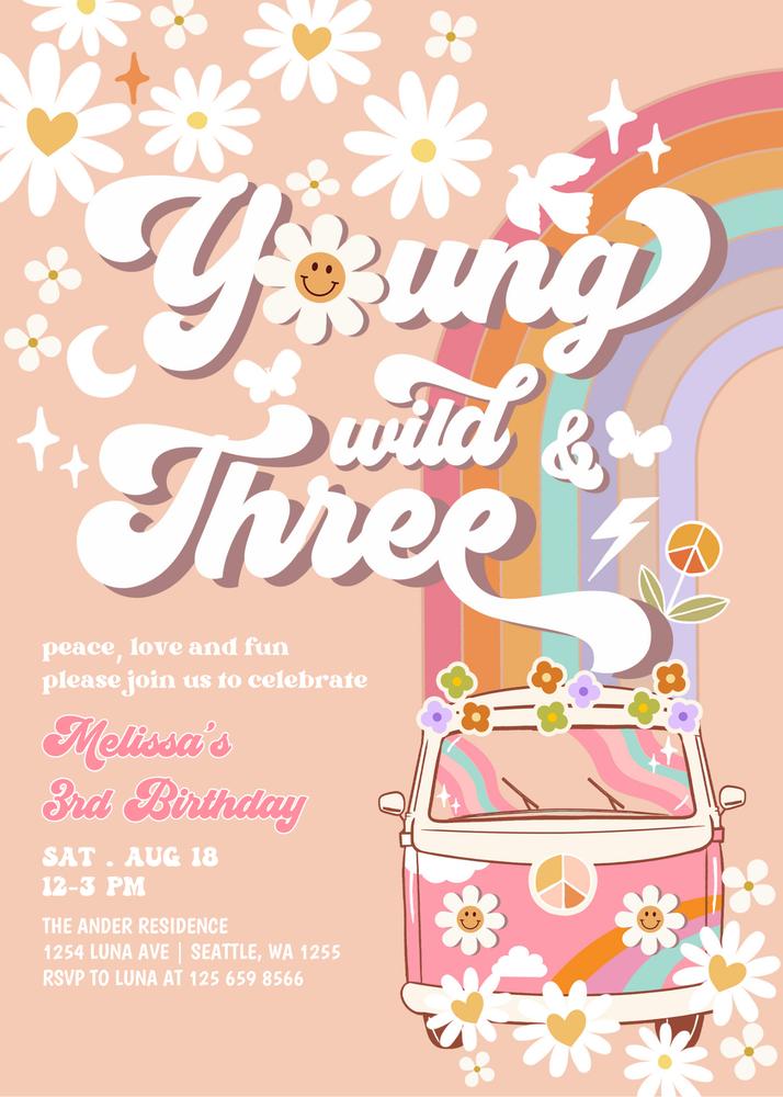 Groovy Young Wild and Three Birthday Invitation | Editable Canva Template