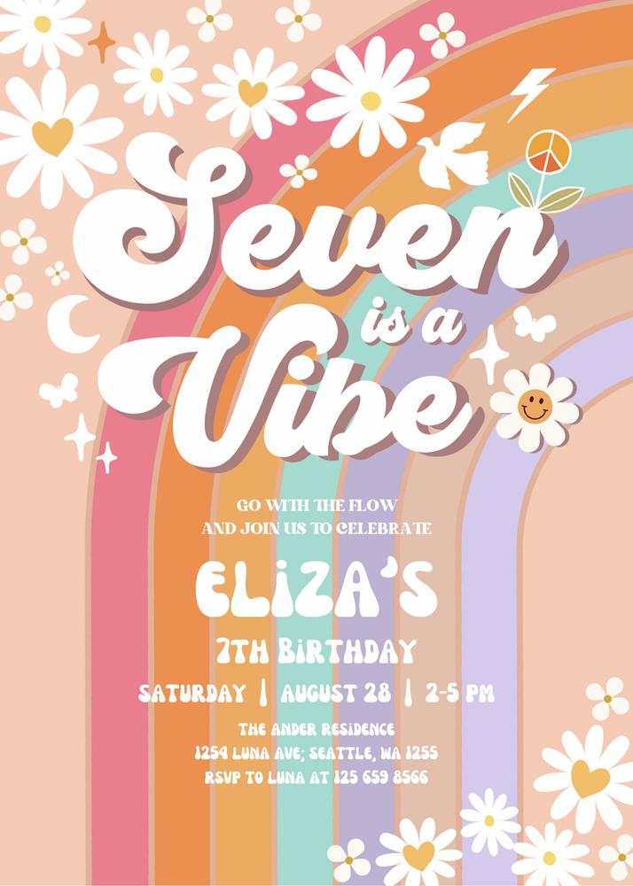 Groovy 7th Birthday Invitation | Editable Seven is a Vibe Daisy Canva Template