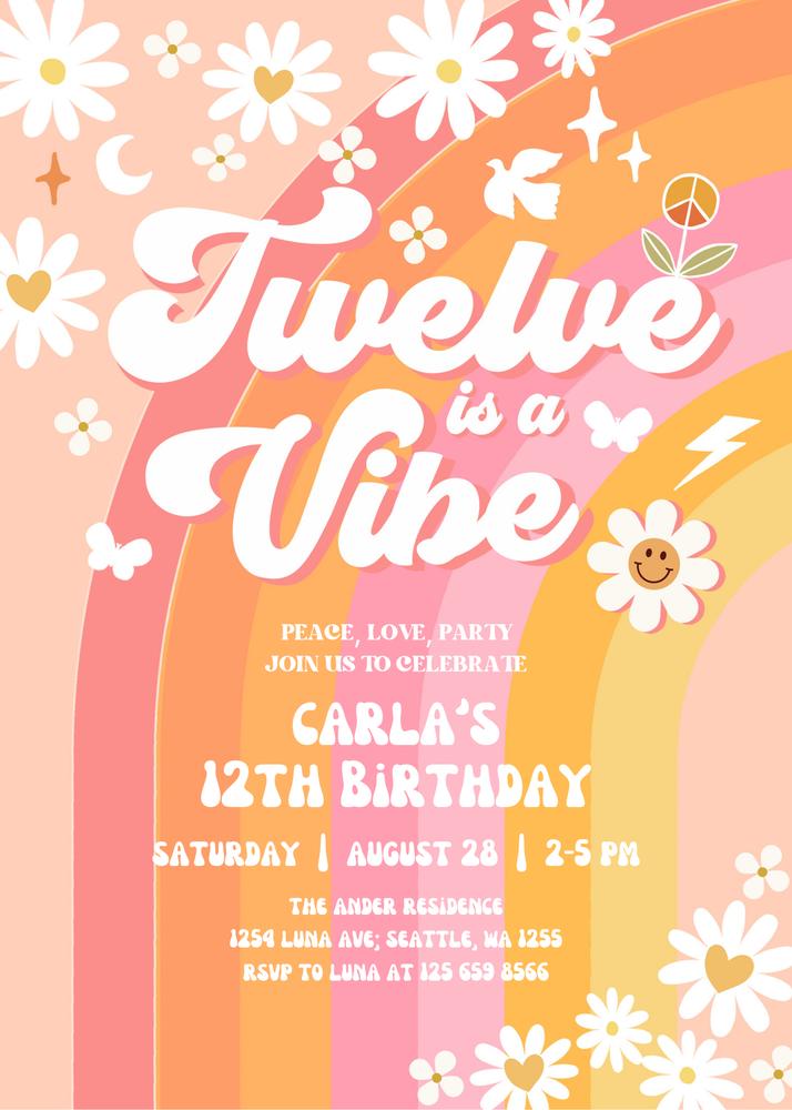 Twelve is a Vibe Birthday Invitation | Editable Pink & Peach Groovy 12th Invite