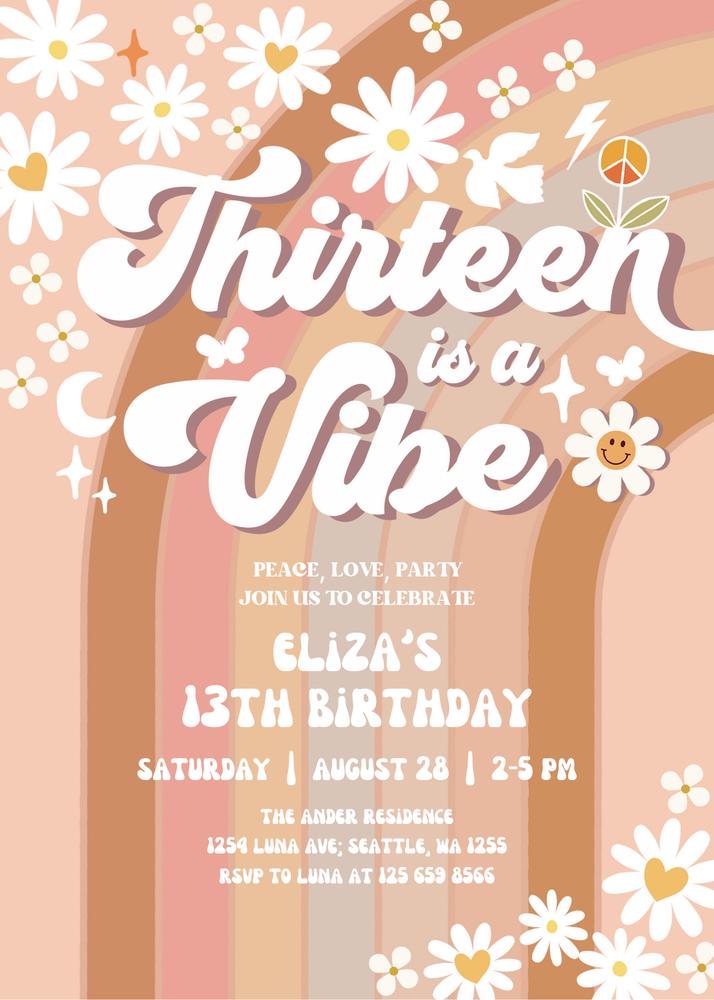 Editable 13th Birthday Invite | Groovy Fall Daisy Rainbow Thirteen is a Vibe