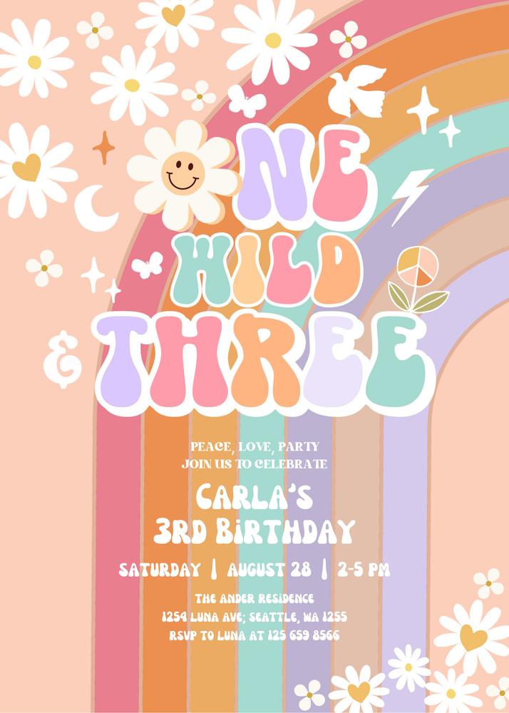 One Wild & Three Retro Daisy Birthday Invitation | Editable Canva Template