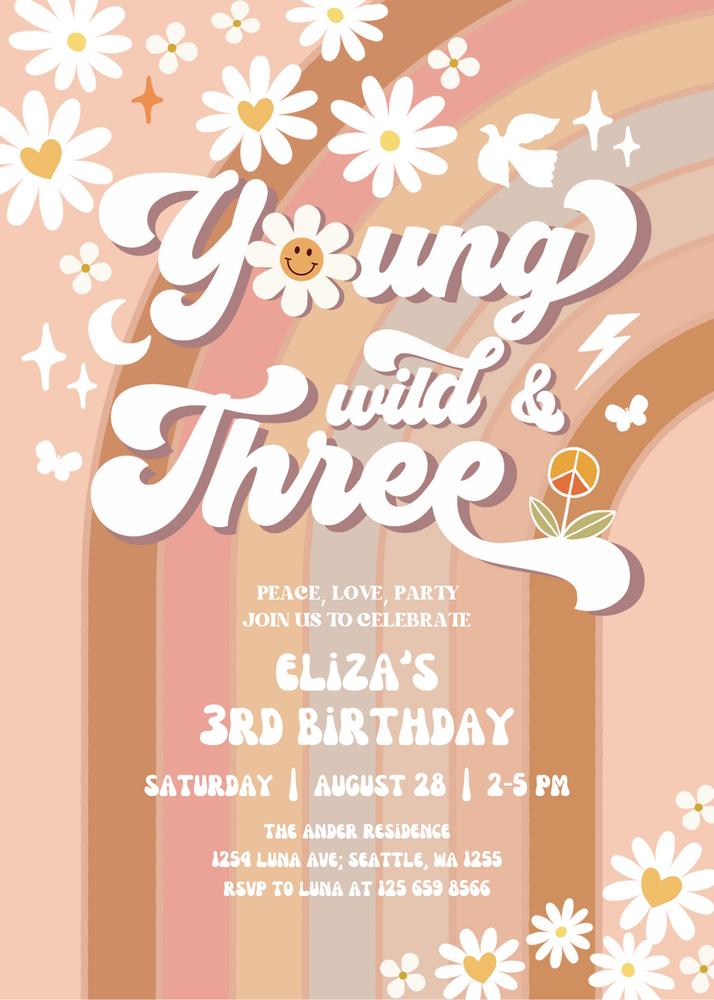 Groovy Young Wild and Three Birthday Invitation | Retro Rainbow Canva Template