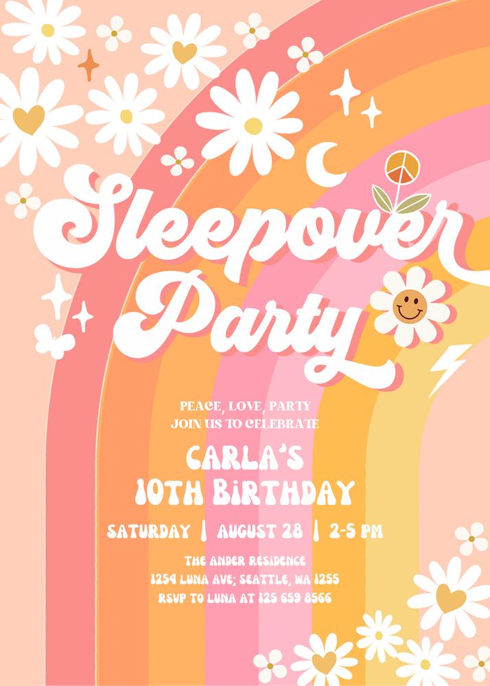Groovy Pink Daisy Sleepover Invitation | Editable Canva Birthday Template
