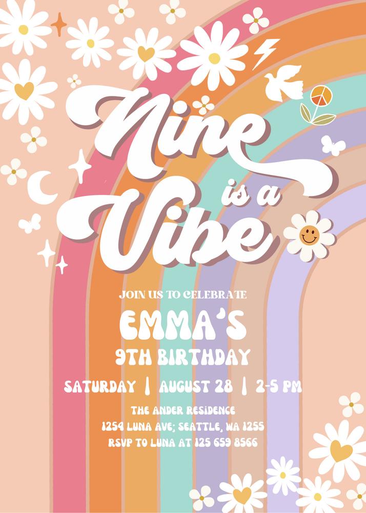 Groovy 9th Birthday Invitation | Nine is a Vibe Daisy Retro Canva Template