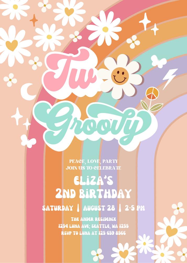 Two Groovy 2nd Birthday Invitation | Editable Hippie Daisy Canva Template