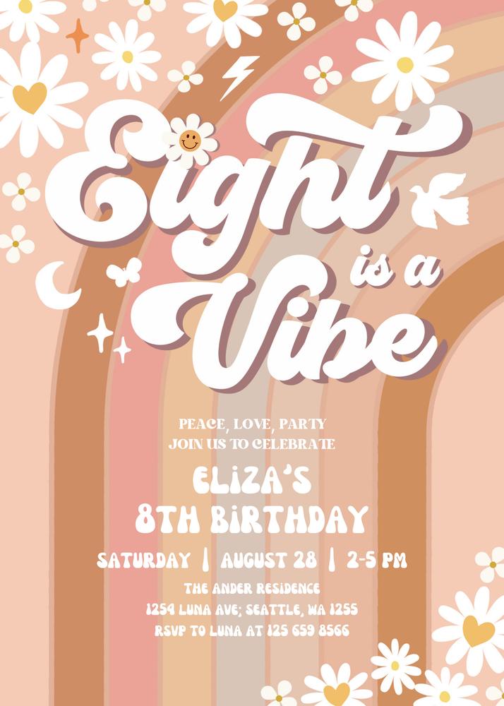 Eight is a Vibe Birthday Invitation | Retro 70s Daisy Rainbow Canva Template