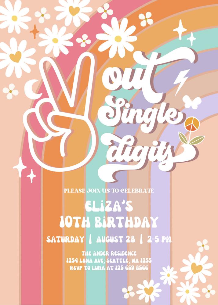 Peace Out Single Digits Groovy 10th Birthday Invite Canva Template