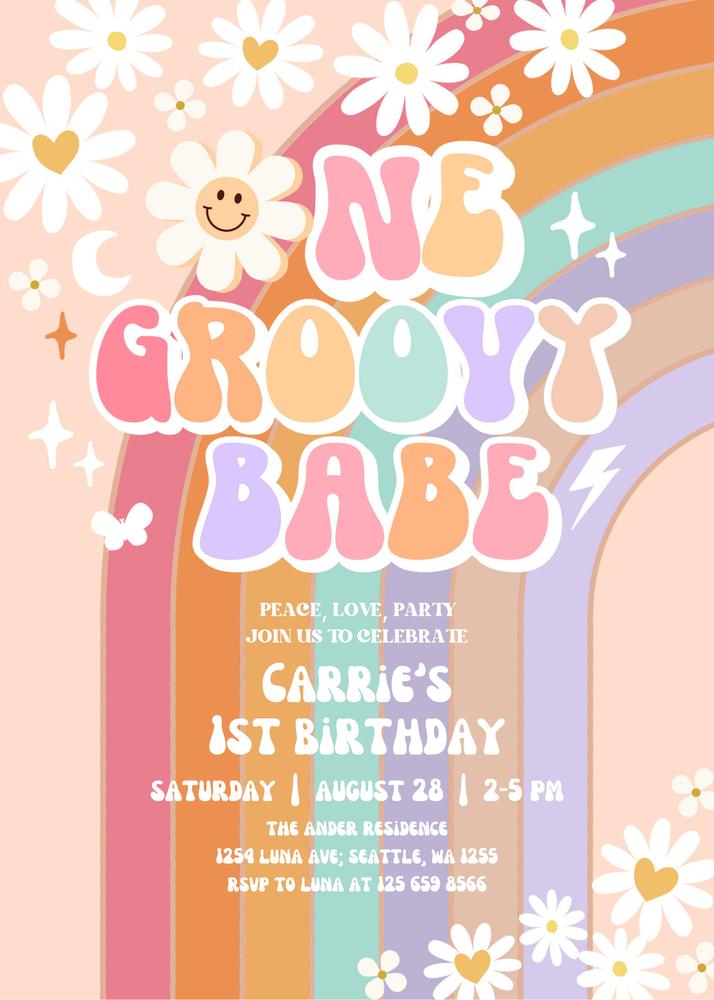 One Groovy Babe 1st Birthday Invite | Retro Daisy & Rainbow Canva Template