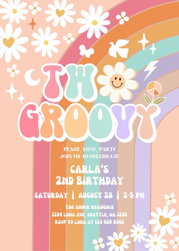Editable Two Groovy Birthday Invite | Retro Daisy & Rainbow Canva Template
