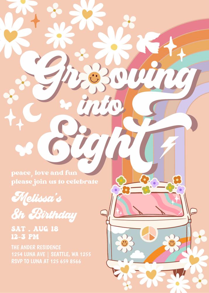 Editable 8th Birthday Invite | Groovy Blue Daisy Rainbow Hippie Van Canva Template