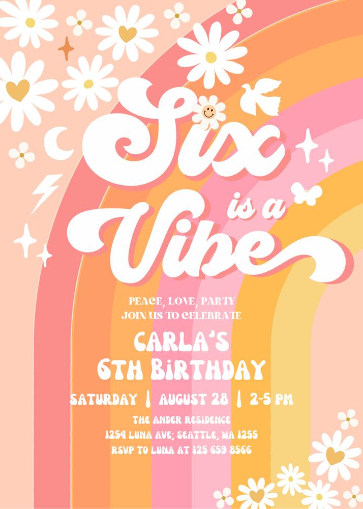 Groovy Six is a Vibe Birthday Invite | Pink Daisy 6th Birthday Canva Template