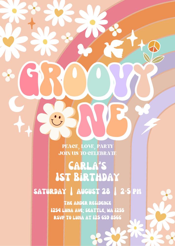 Groovy One 1st Birthday Invite | Retro Daisy & Rainbow Canva Template
