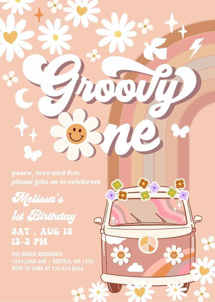 Boho Groovy One 1st Birthday Invitation | Retro Daisy & Van Canva Template