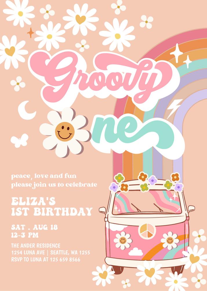 Groovy One 1st Birthday Invitation | Retro Pink Daisy Canva Template