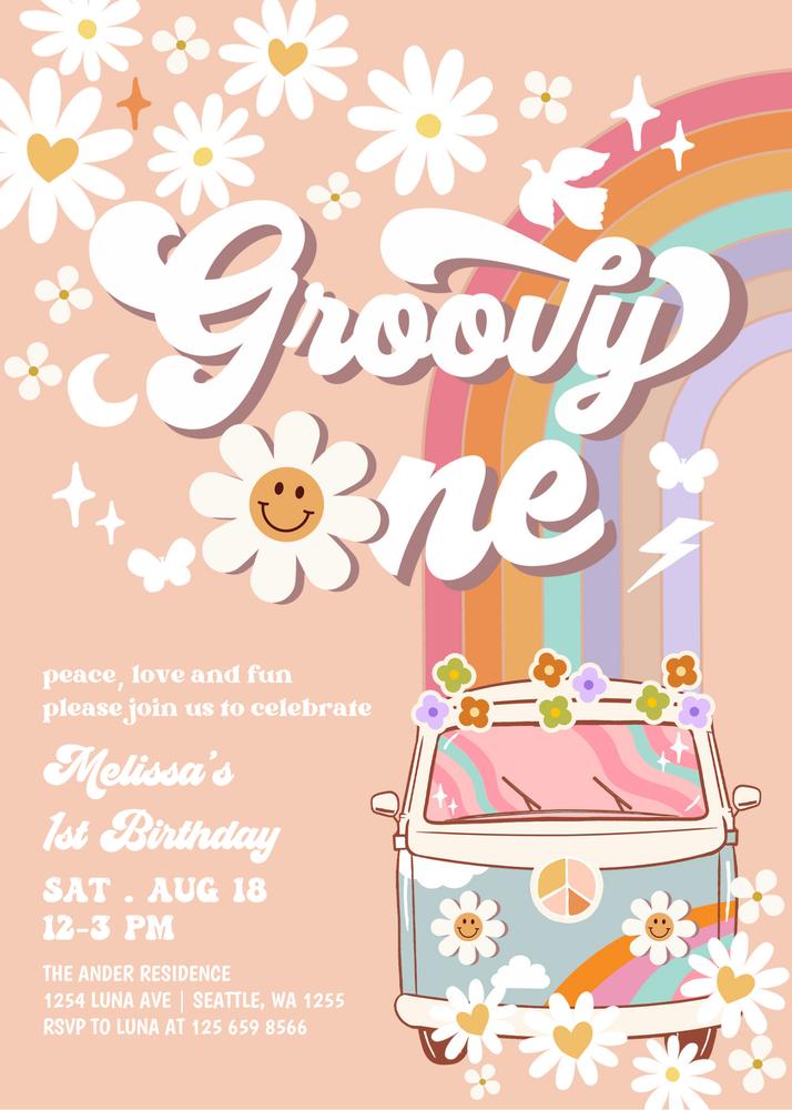 Editable Groovy One Birthday Invite | Blue Daisy Rainbow Van 1st Birthday