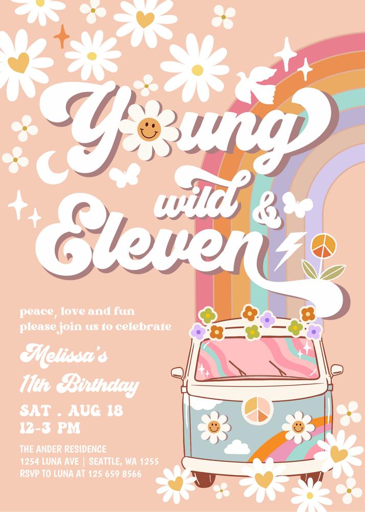 Young Wild and Three Blue Van Birthday Invite, Editable 11th Birthday Template