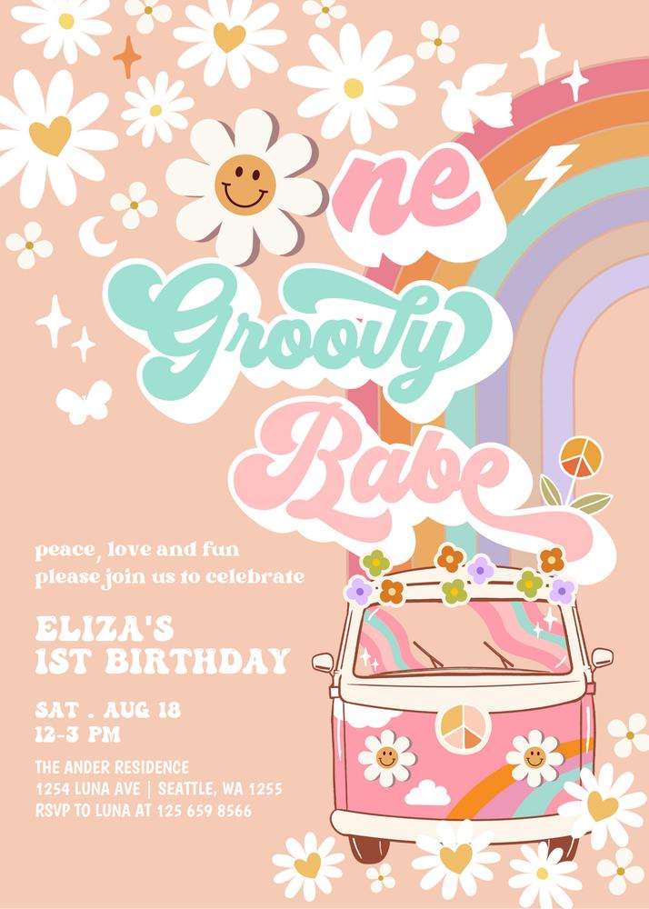 Groovy One 1st Birthday Invite | Editable Canva Pink Daisy Hippie Van Template