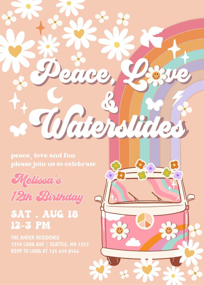Editable Pink Groovy Van Birthday Invitation | Retro Daisy Rainbow Canva Template