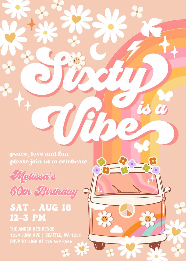 SIXTY is a Vibe Birthday Invitation | Editable Pink & Peach Groovy 60th Invite