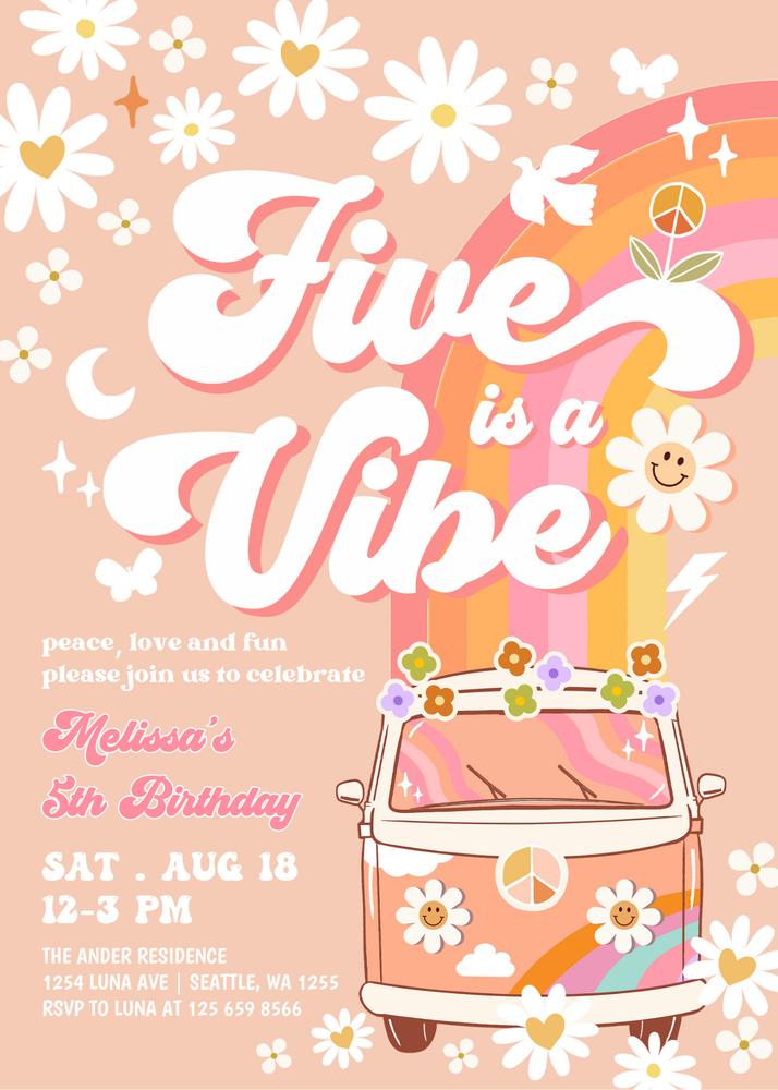 Five is a Vibe Girl 5th Birthday Invitation | Retro Daisy Boho Canva Template