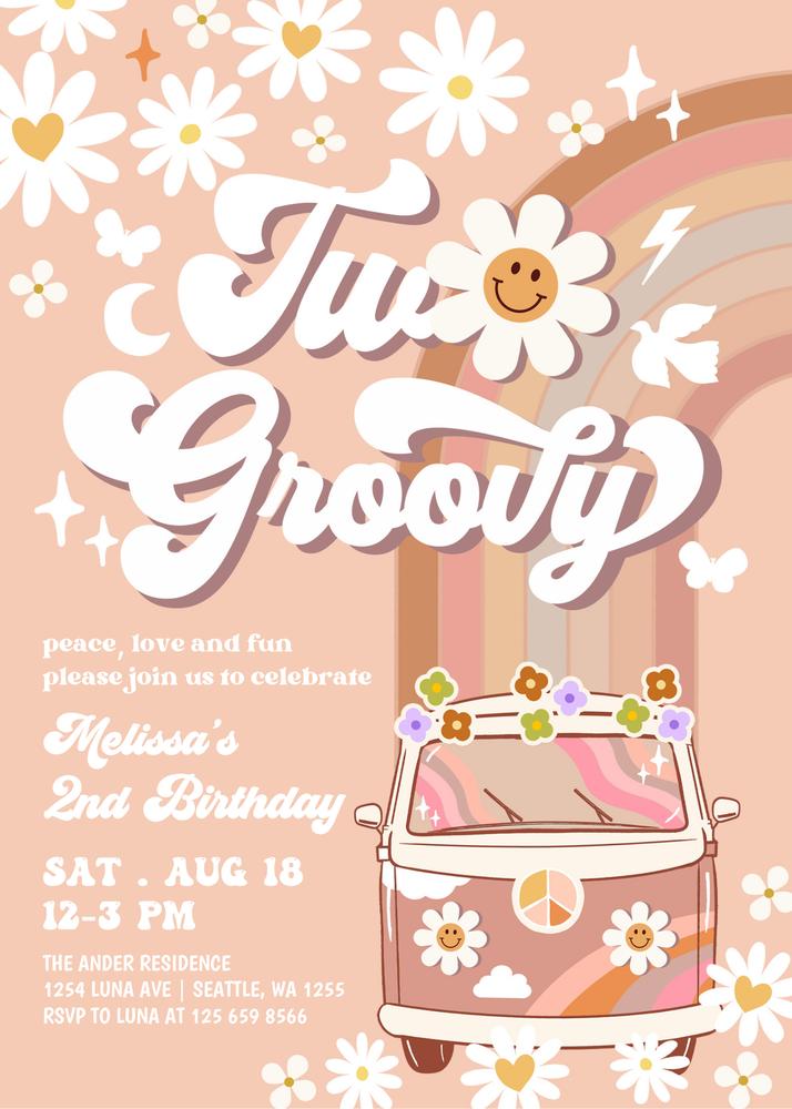 Editable Two Groovy 2nd Birthday Invitation, Boho Daisy Rainbow Canva Template