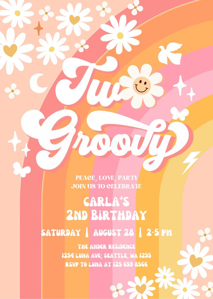 Two Groovy 2nd Birthday Invitation | Editable Canva Template Pink Daisy