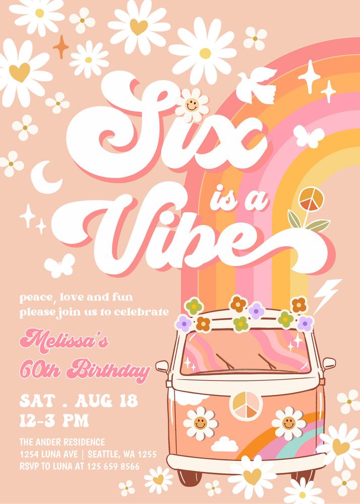 Six Is A Vibe Birthday Invitation | Retro Daisy 6th Birthday Canva Template