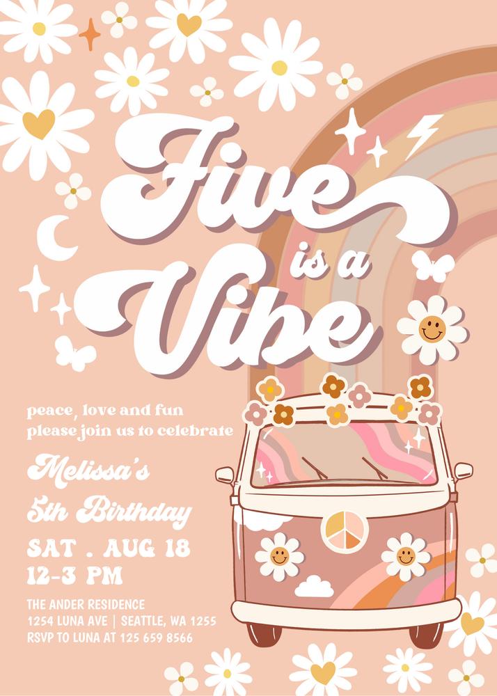 Five is a Vibe Retro Daisy Birthday Invite | Editable Canva Template