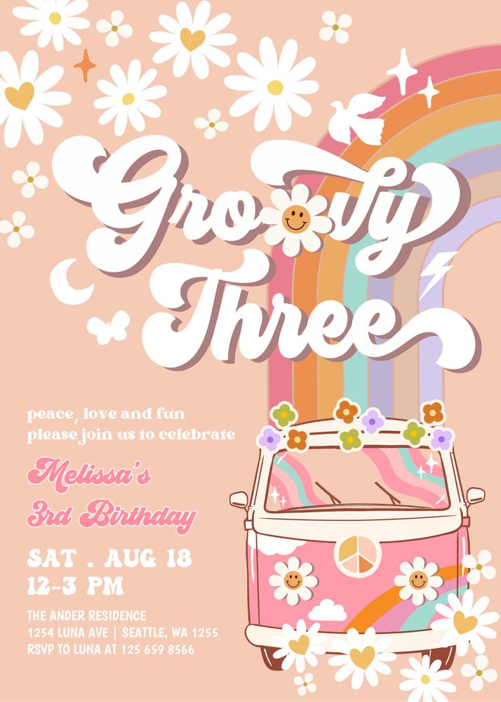 Editable Groovy 3rd Birthday Invitation | Pink Daisy Rainbow Hippie Canva