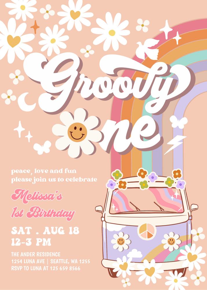 Groovy One 1st Birthday Invitation | Retro Daisy Rainbow Editable Canva Template