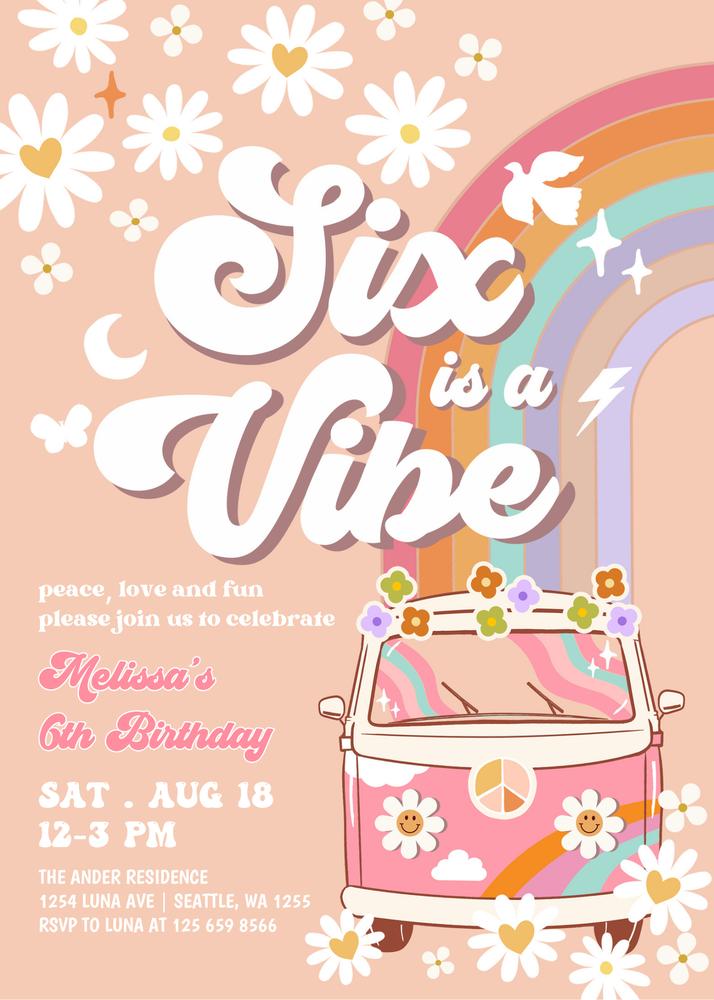 Groovy 6th Birthday Invitation | Retro Pink Daisy Rainbow Canva Template