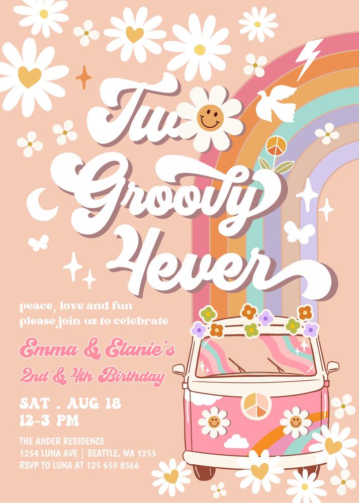 Editable Pink Groovy Van Joint Birthday Invite | Two Groovy & 4ever Wild