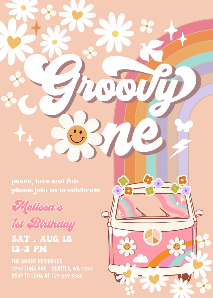 Pink Daisy Groovy One 1st Birthday Invitation | Retro Hippie Van Canva Template