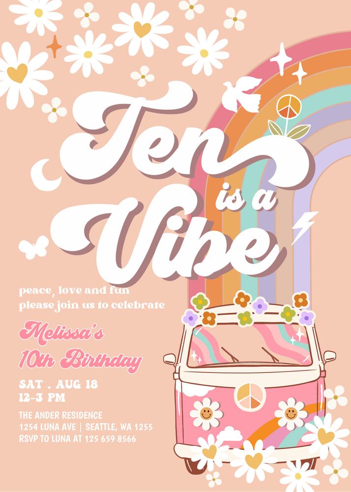 Editable Groovy 10th Birthday Invitation | Retro Pink Daisy Rainbow Van Template
