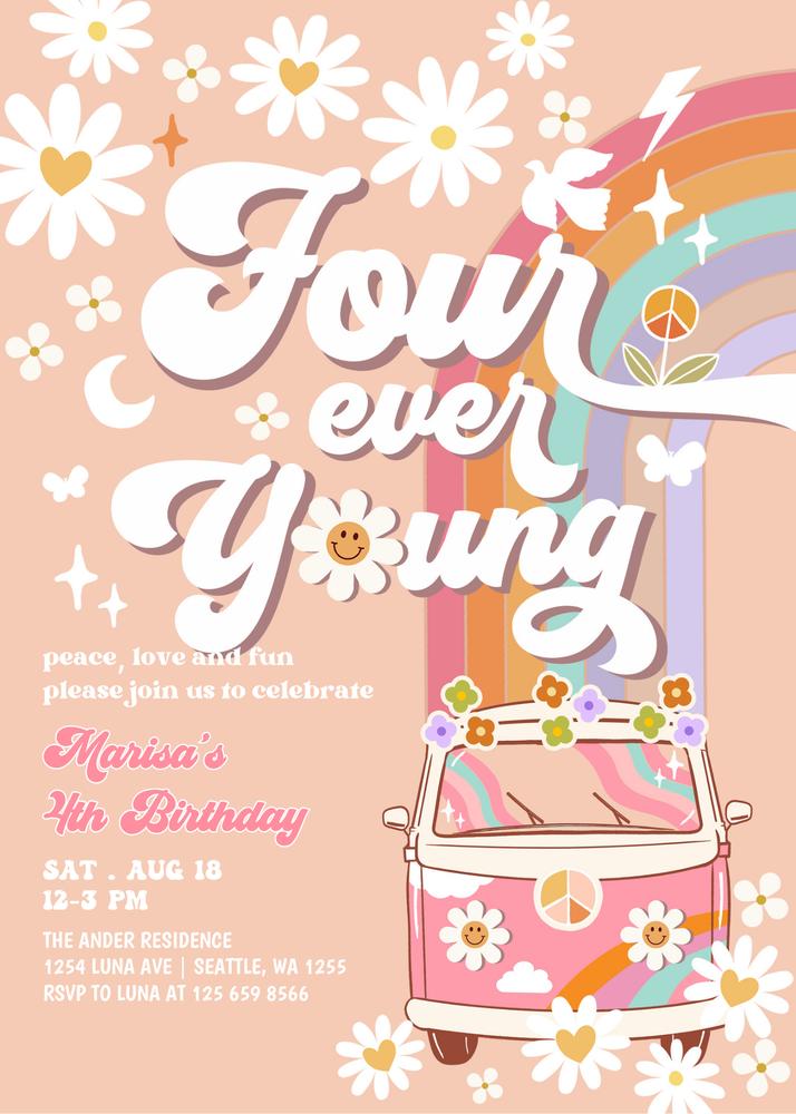 Groovy Four Ever Young Birthday Invite | Daisy Hippie 4th Birthday Canva
