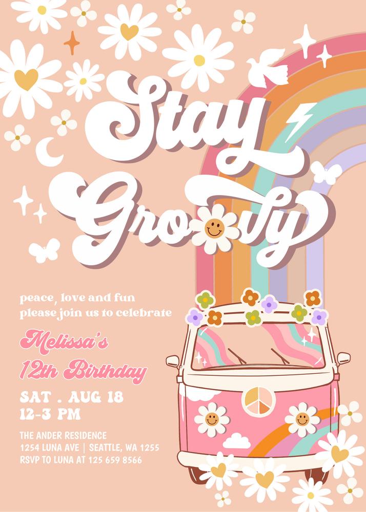 Editable Pink Daisy Groovy Van Birthday Invite | Retro 70s Hippie Canva Template