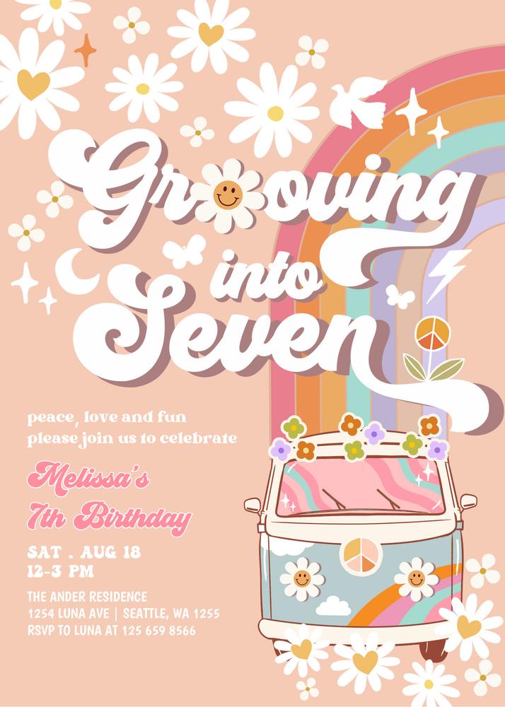Blue Daisy Groovy Van 7th Birthday Invite | Editable Canva Template