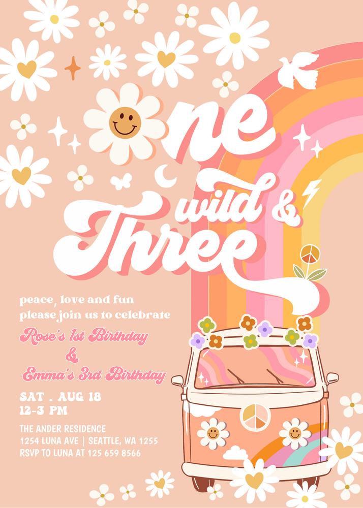 Groovy One Wild & Three Peach Joint Birthday Invite, Retro Daisy Canva Template