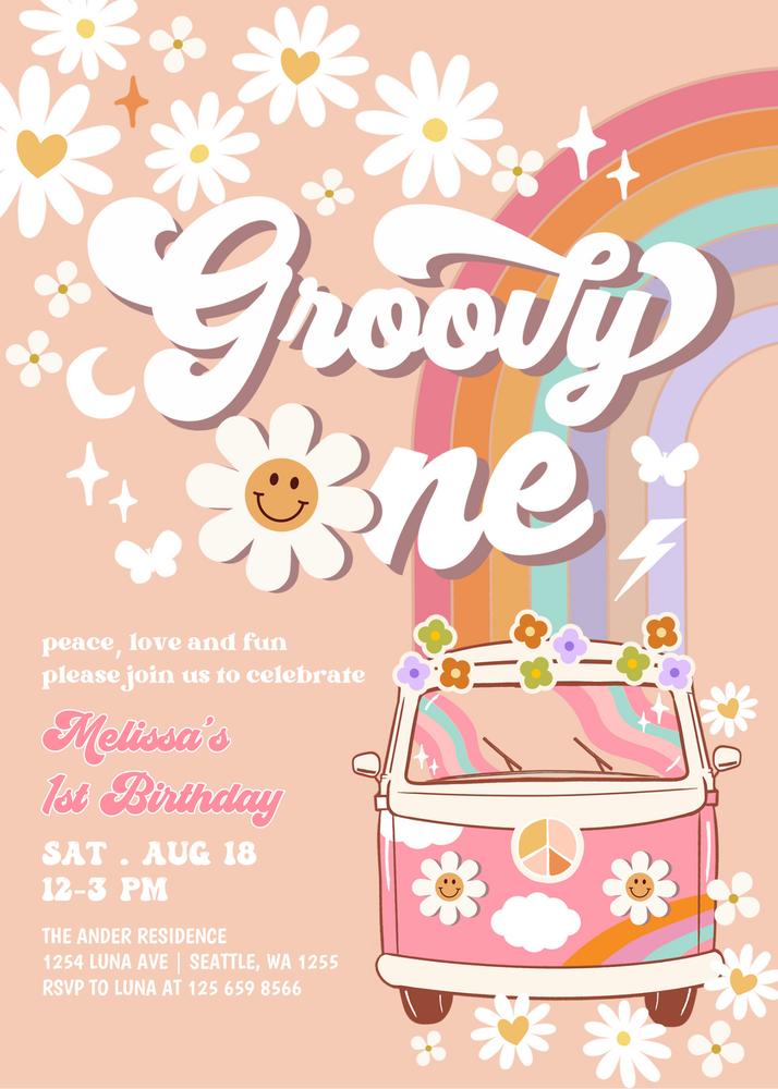Retro 60th Birthday Invitation, Groovy Pink Daisy Rainbow Canva Template