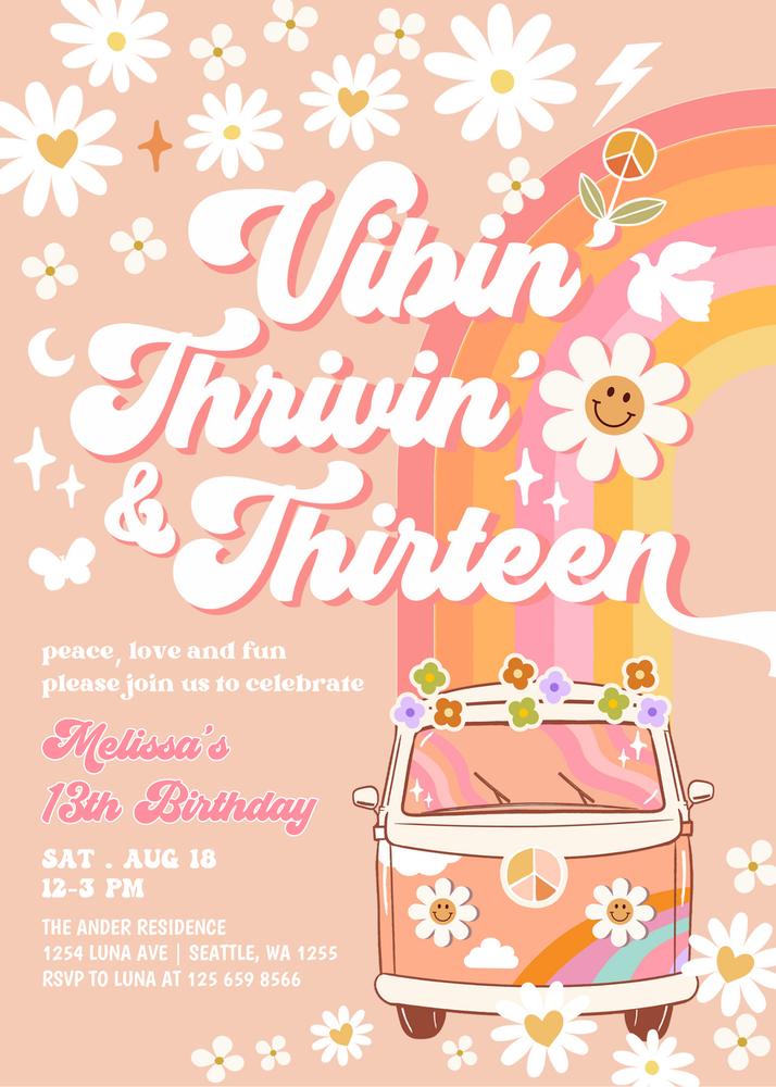 Editable 13th Birthday Invite | Groovy Daisy & Rainbow Hippie Party Template