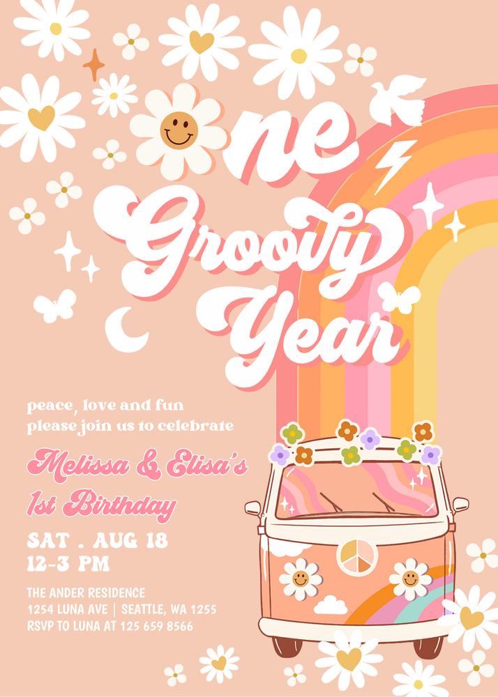 One Groovy Year Twins 1st Birthday Invitation | Pink Peach Retro Canva Template