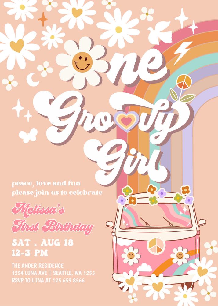 Pink One Groovy Girl 1st Birthday Invite | Retro Daisy Van Canva Template