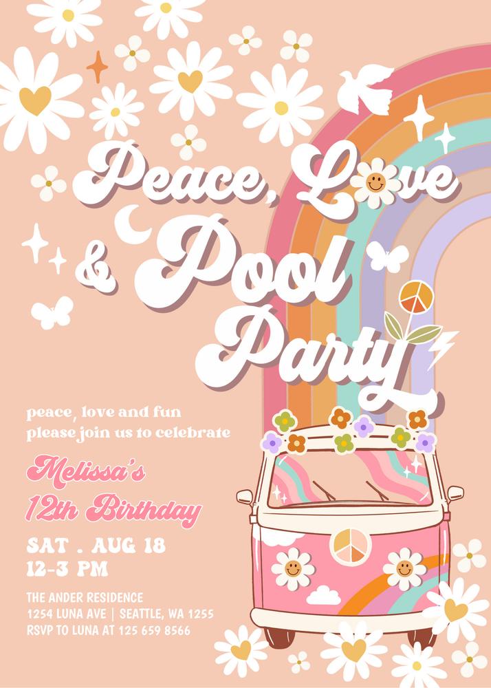Pink Groovy Van Birthday Pool Party Invite | Editable Canva Template