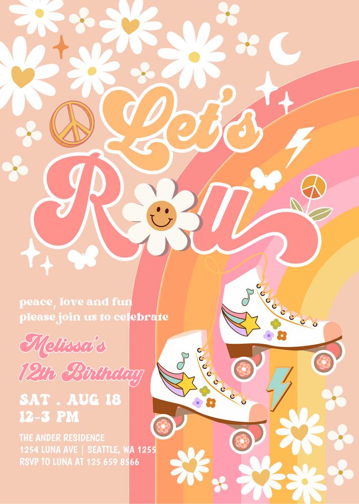 Retro Groovy Roller Skate Birthday Invitation | Editable Canva Template